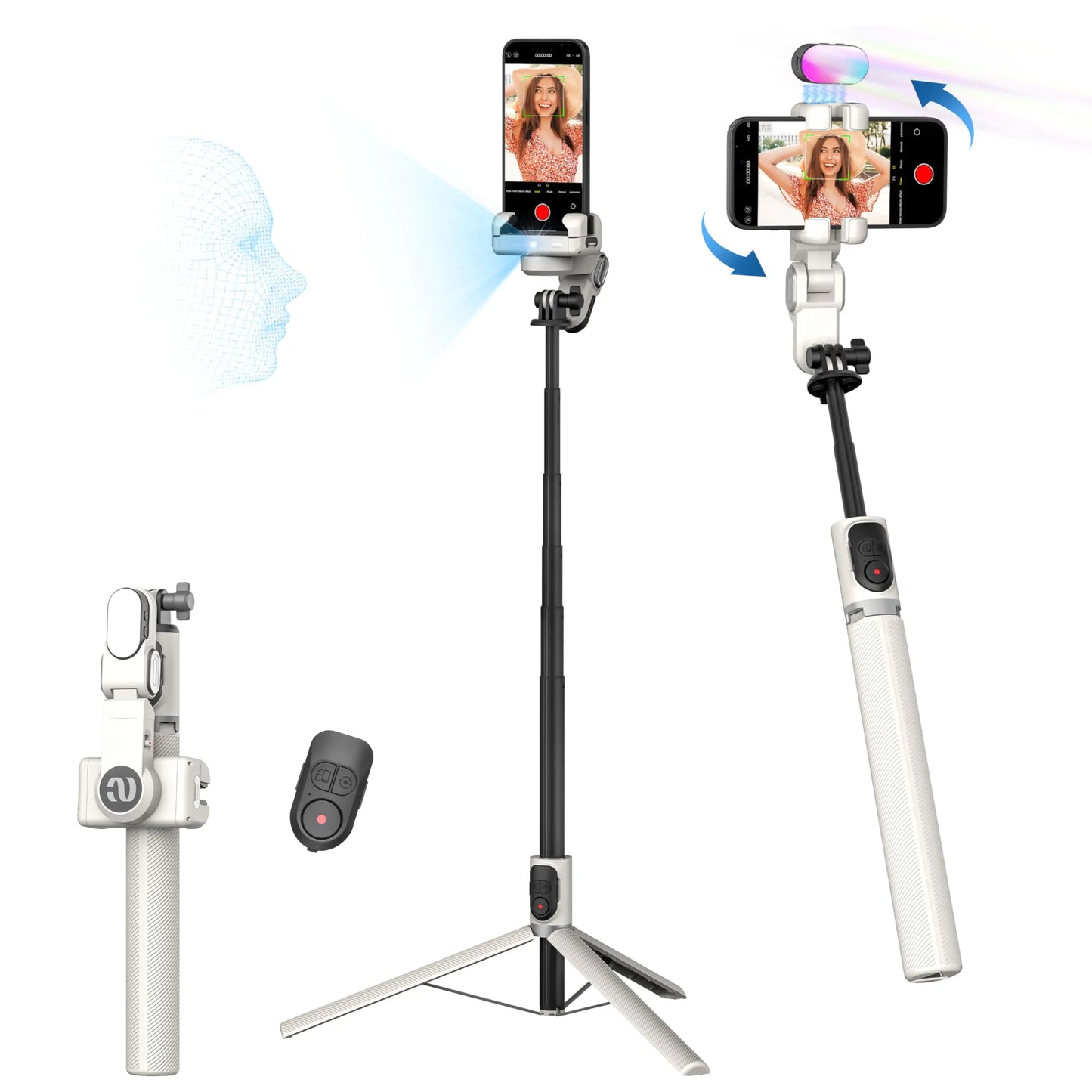 Auto Face Tracking Tripod 360 Rotation w/Stand for iPhone Android,Selfie Stick Phone Stand 360 Rotating for Video Recording,Phone Holder Follow You w/Remote,RGB Light for TikTok(M2Pro White)